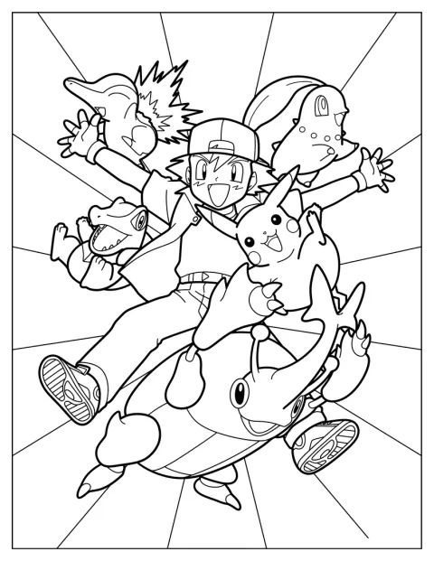 Ash Ketchum stojí se Cyndaquilem, Totodilem, Chikoritou, Pikachu a Heracrossem.