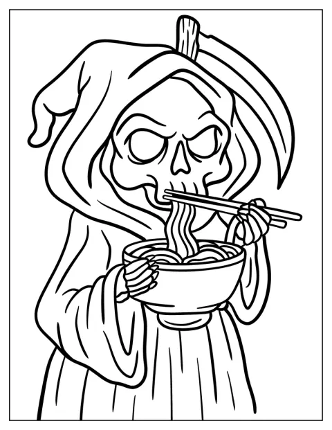 Mannen med ljåen spiser en bolle ramen i kawaii-stil.