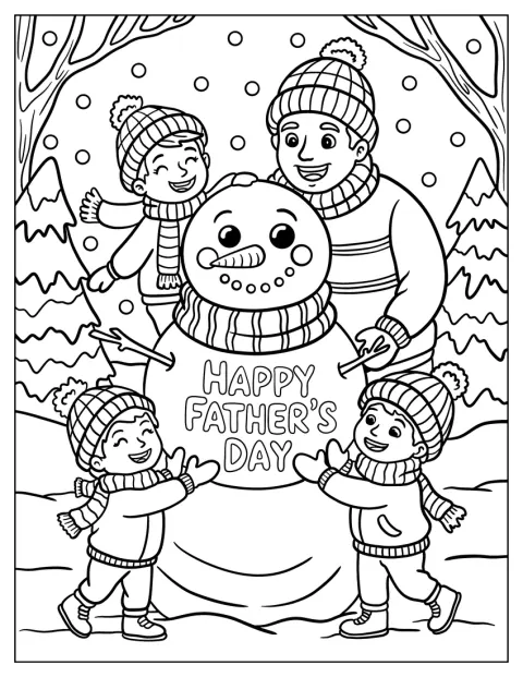 I en snötäckt skog bygger pappa och barnen en snögubbe tillsammans.
