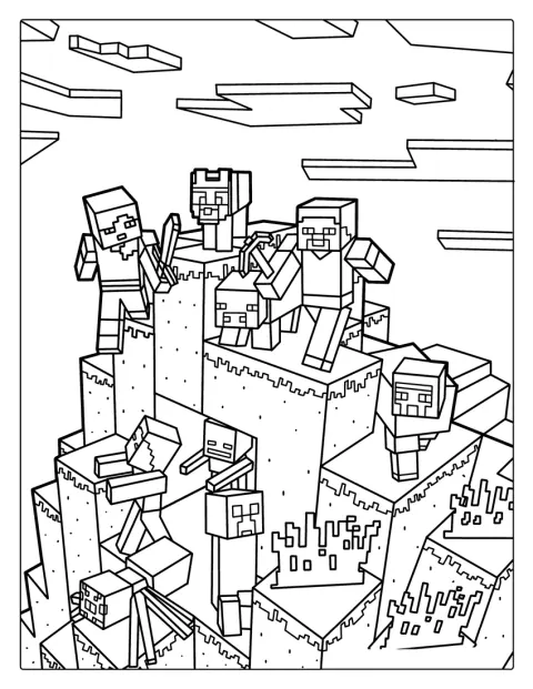 Minecraft-hahmoja ja maisemaa on koottu julistetyyliseksi kuvaksi.