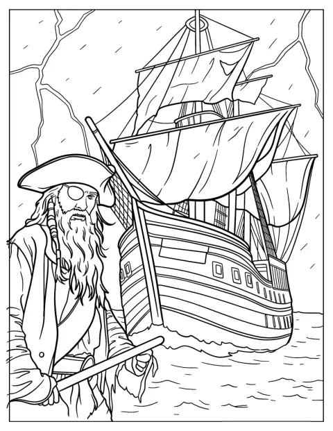 Strašidelný pirát stojí před plachetnicí na moři.