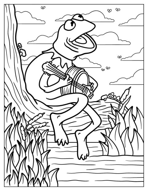 Kermit cântă în timp ce ciupește corzile banjoului.