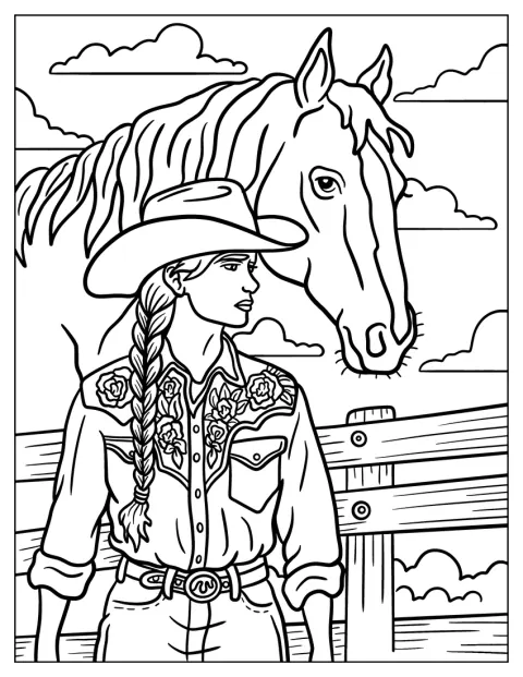 En cowgirl står ved et gjerde med hesten sin bak seg.