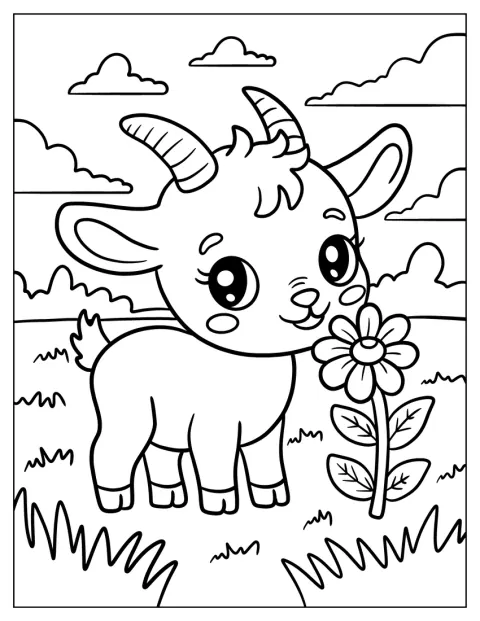 Farm Animal Coloring Page of Goat Standing in Meadow Beside Flower for Preschoolers