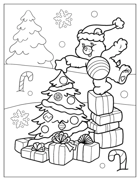 チアベアがクリスマスツリーのてっぺんに星を飾っています。