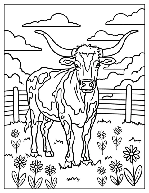 Ett långhorn betar bland vilda blommor nära ett lantligt staket.