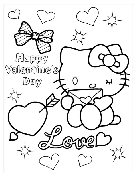 Hello Kitty houdt een kaart voor Valentijnsdag vast.