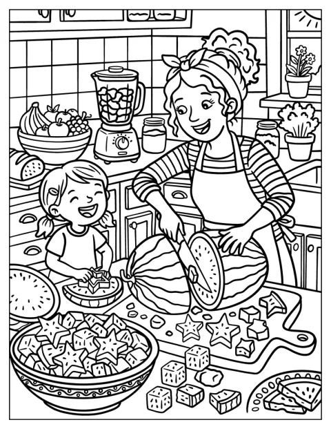 En mamma och hennes dotter skär vattenmelon i roliga former i köket.