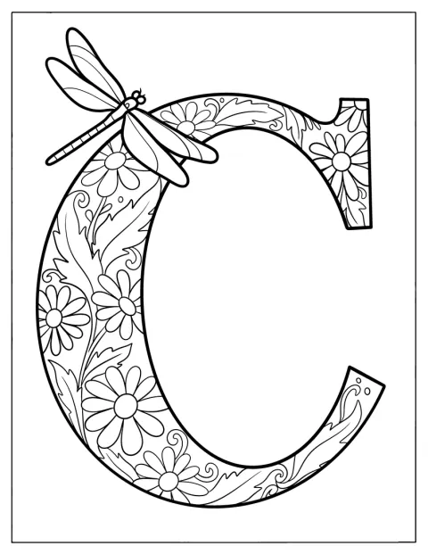 Floral Serif Letter C Coloring Page with Dragonfly