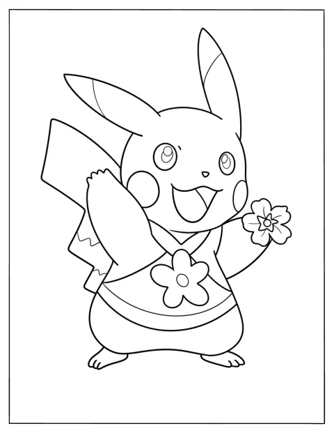 Easy PIkachu Holding A Flower In Spring Coloring Sheet For Kids