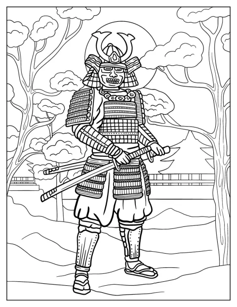 En skummel samurai står foran en stor fullmåne.