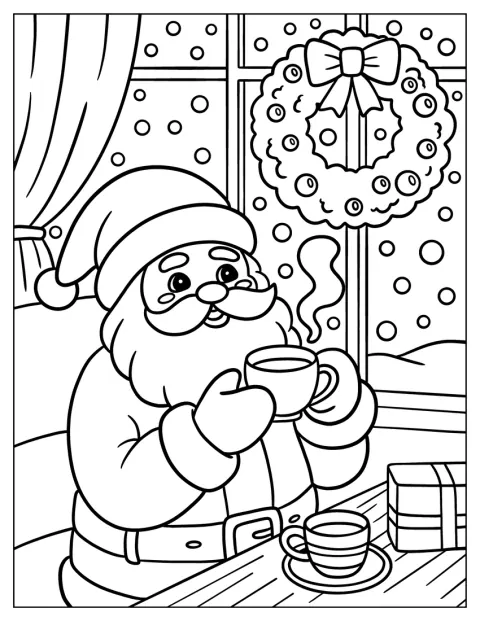 Tomten värmer sig med varm choklad inomhus medan snön faller ute.