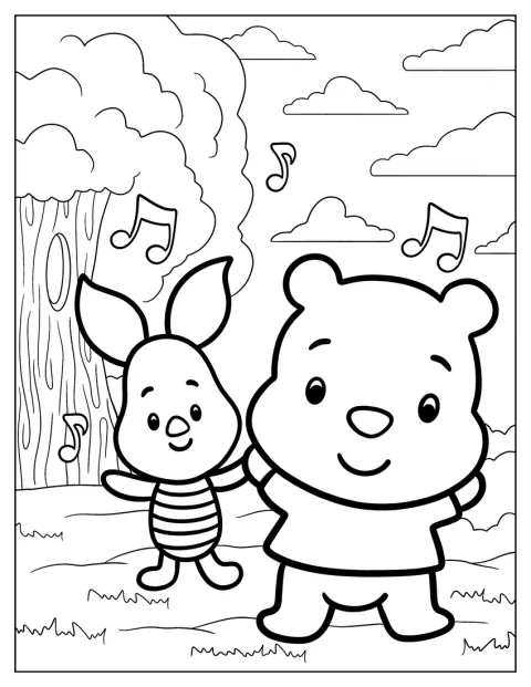 Piglet și Winnie de Pluș apar împreună, desenați în stil kawaii.