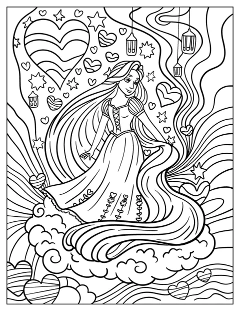 Rapunzel apare înconjurată de inimi și curcubee.