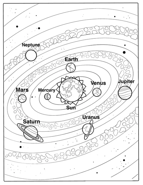 太陽系の惑星と小惑星帯が、マップに示されています。
