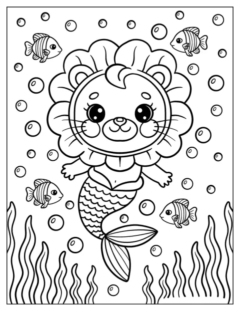 Mermaid Lion Coloring Page Swimming with Fish
