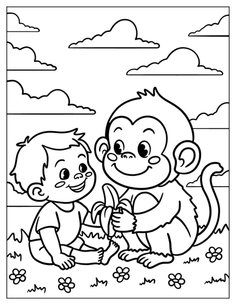 Um macaco oferece uma banana a um menino que está ao seu lado.