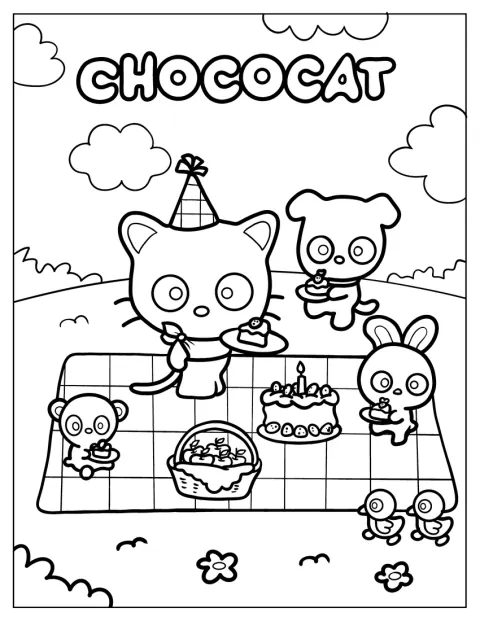 Tijdens een verjaardags-picknick zit Chococat met zijn vrienden.