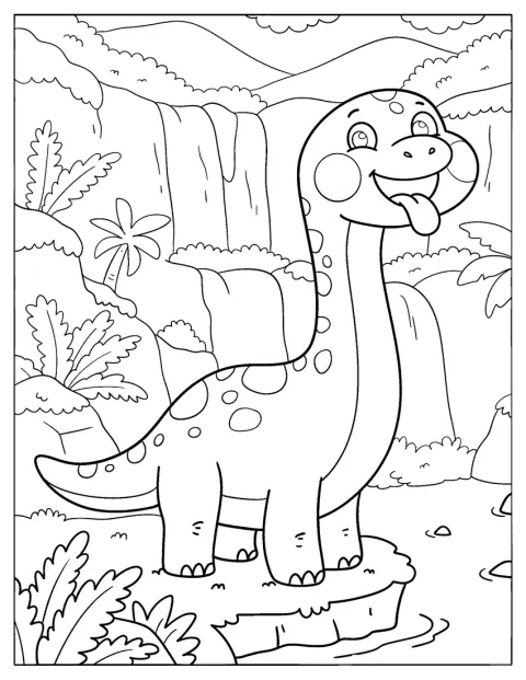 Un brachiosaure joueur se tient près d’une cascade.