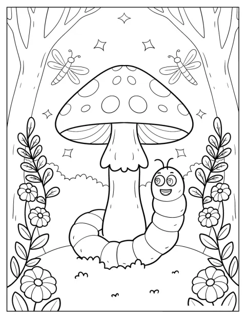 Dans une clairière, un ver côtoie un champignon et des libellules.
