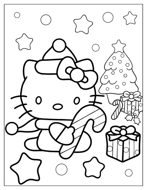 ハローキティがクリスマスのキャンディケインを持っています。