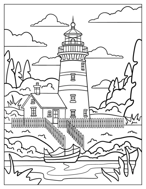Um pequeno farol fica junto a uma vedação, com um barco no mar.
