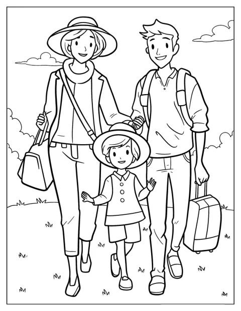 Une mère, un père et leur fille marchent ensemble sur un sentier.