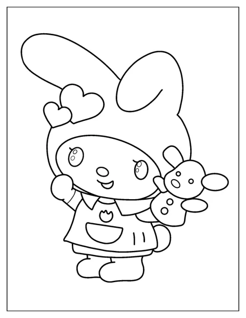 My Melody tient une marionnette en forme de souris.