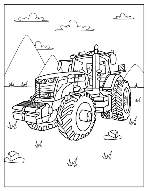 Ein kräftiger Traktor fährt durch eine Landschaft mit Bergen.