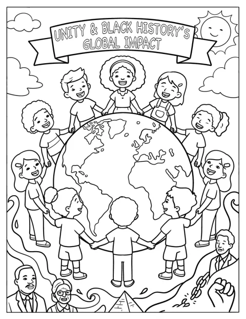 Varios niños rodean un globo terráqueo en un cartel del Mes de la Historia Afroamericana.