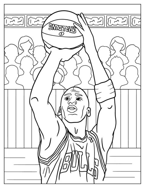 Michael Jordan springt hoch und wirft den Basketball aus der Distanz.