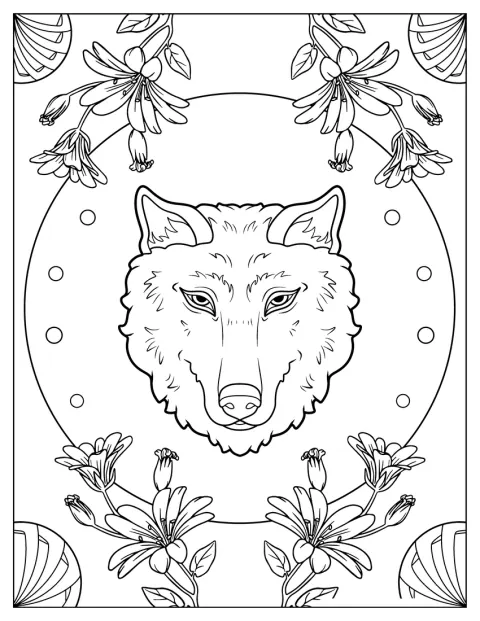 Blüten schmücken die schlichte Umrisszeichnung eines Wolfsgesichts.