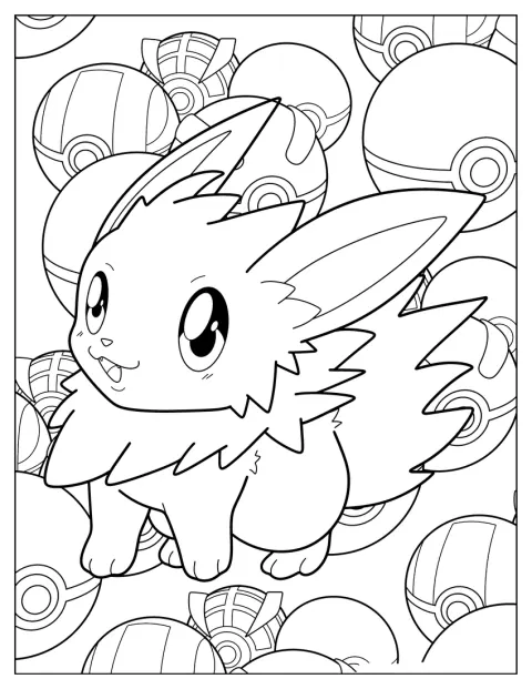 Jolteon stoi przed kilkoma Poké Ballami.