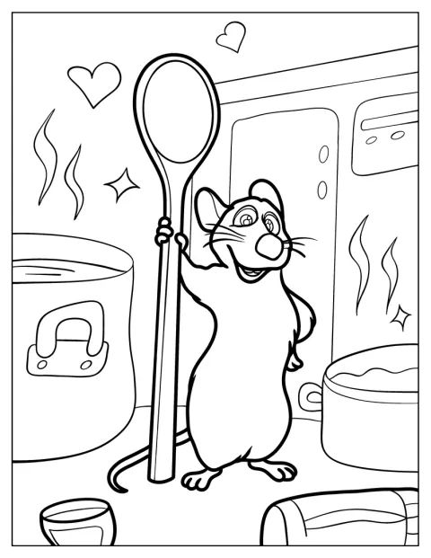 Ratatouille staat in de keuken met een pollepel in zijn poot.