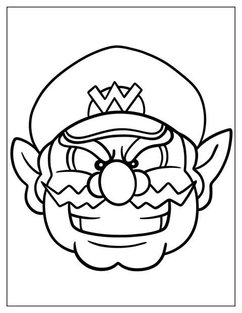 Wario mostra um sorriso maléfico enquanto olha em frente.