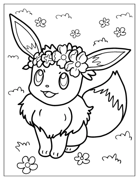 Eevee har en krans av blomster på hodet.