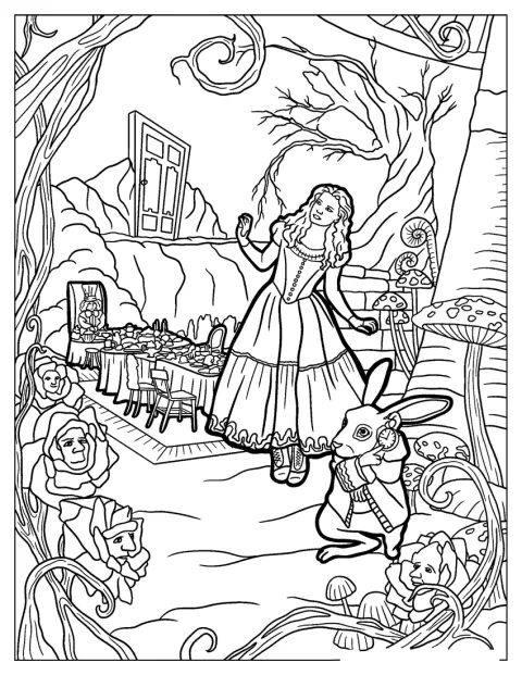 Alice och figurer från Underlandet omges av detaljerade mönster.
