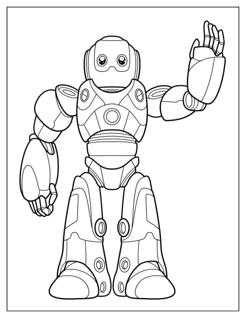 Um robot simples acena num cenário de ficção científica.