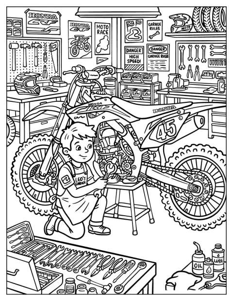 Een man repareert een Honda-crossmotor met nummer 45.