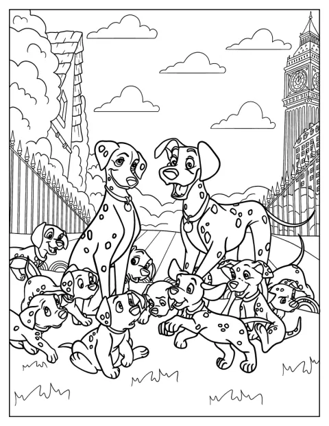Pongo og Perdita er omgitt av dalmatinervalper.