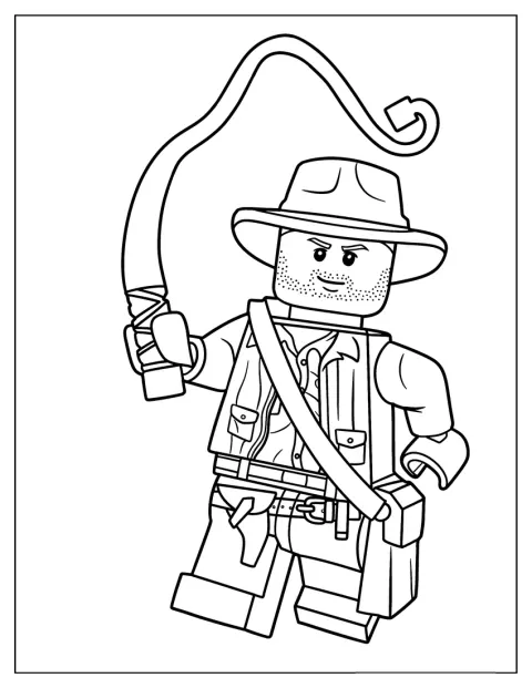 Figurka Lego Indiana Jones trzyma w ręku bicz.