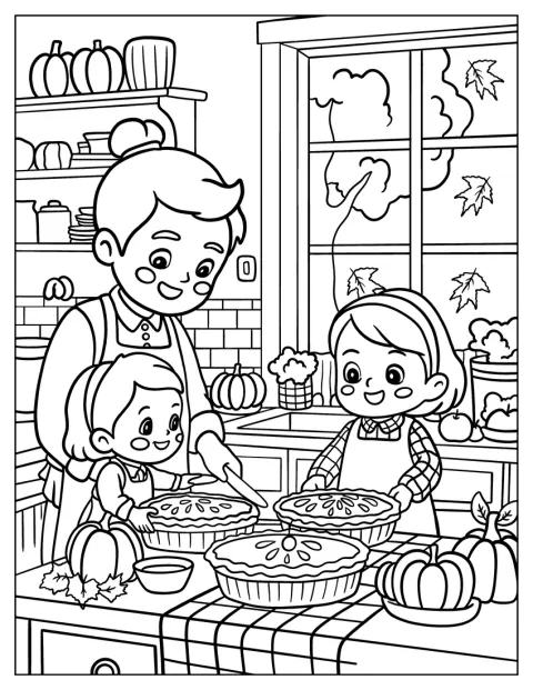 Um pai e as crianças preparam tartes numa cozinha acolhedora de outono.