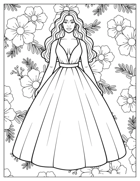 Beyoncé Coloring Page in Flowing Gown Surrounded by Floral Pattern for Kids