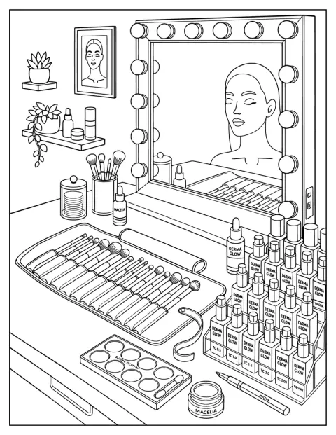Et elegant sminkebord er dækket med forskellig makeup.