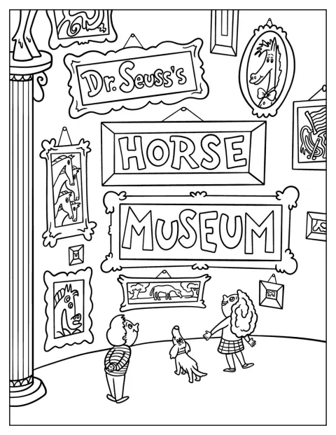 Ett detaljerat omslag till Dr. Seuss's Horse Museum visar en fantasifull hästutställning.