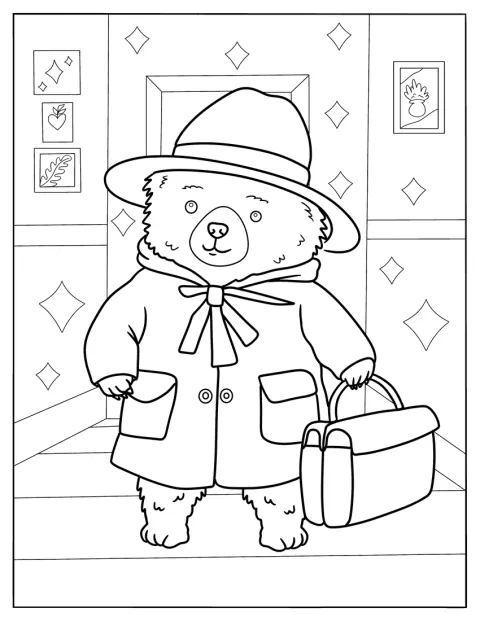 Paddington Bear går med sin väska i handen.