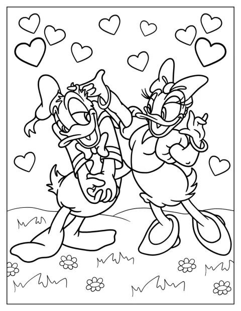 Pato Donald e Margarida mostram o seu carinho um pelo outro.