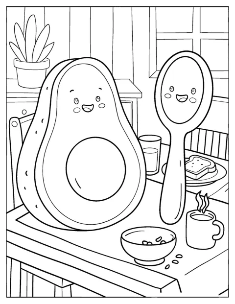 食卓の上で、アボカドがスプーンに話しかけています。