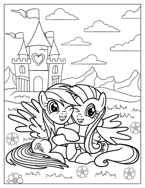 Num campo florido, Rainbow Dash e Fluttershy dão um abraço.