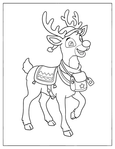 Rudolph porte un bonnet de Père Noël et un sac en bandoulière.
